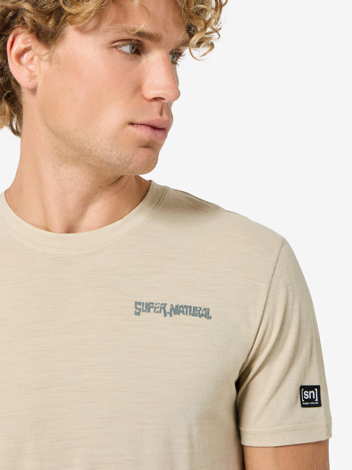 Miesten Peak Lovers Tee merino t-paita, väri White Pepper/Eucalyptus – mallin päällä