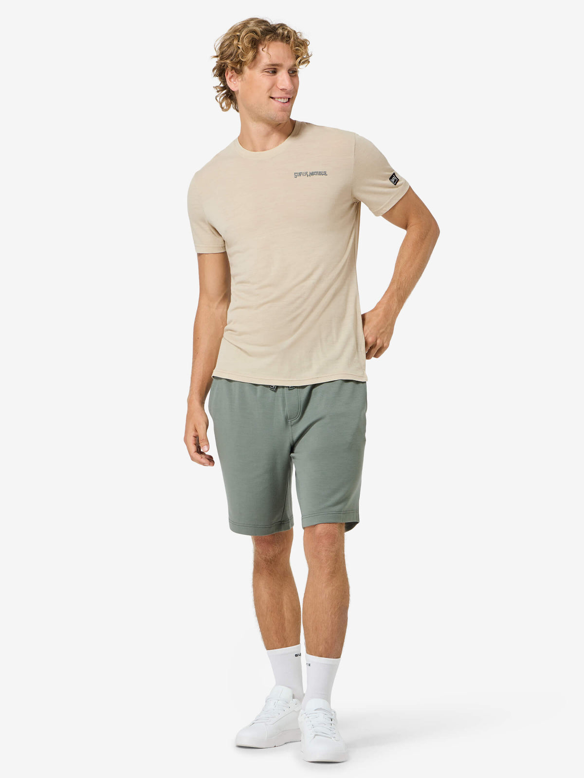 Miesten Peak Lovers Tee merino t-paita, väri White Pepper/Eucalyptus – mallin päällä