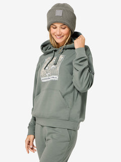 Naisten Snowdrops Hoodie merinohuppari, väri Eucalyptus/Various – mallin päällä