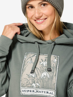 Naisten Snowdrops Hoodie merinohuppari, väri Eucalyptus/Various – mallin päällä