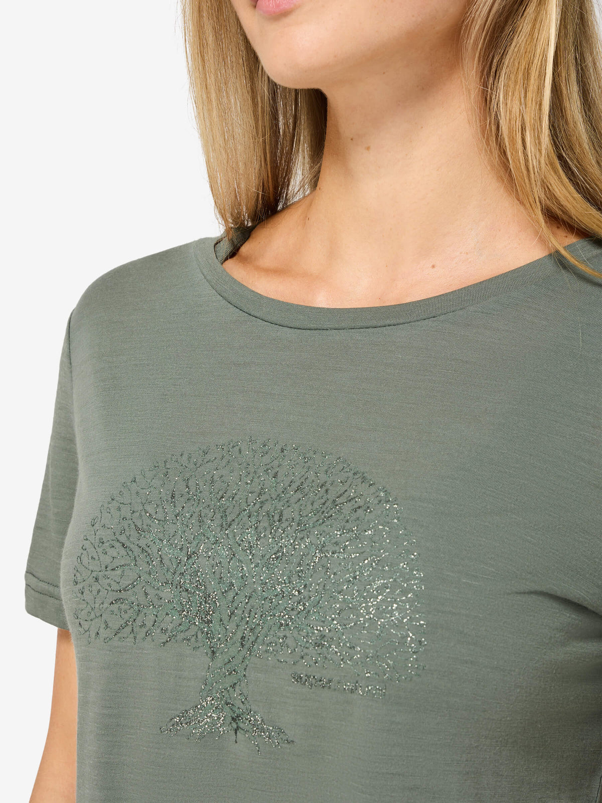 Naisten Tree of Knowledge merino t-paita, väri Eucalyptus – mallin päällä